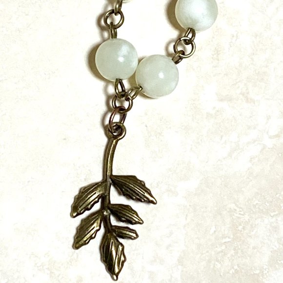 Natural Pale Green Serpentine Necklace, Bronze Leaf Branch + Genuine Gemstone - Picture 12 of 14
